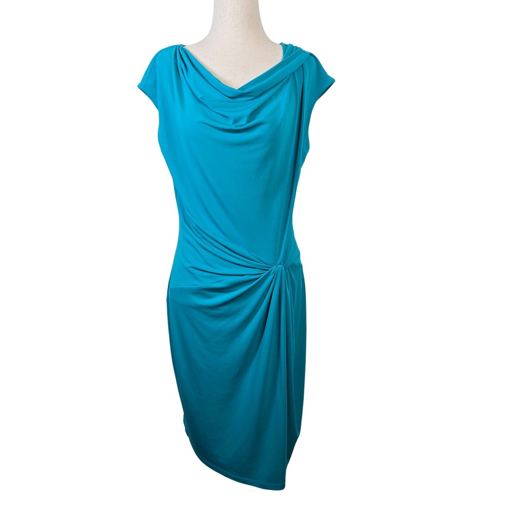 Michael Michael Kors Teal Blue‎ Cowl Neck Draped Twist Front Sheath Dress Medium